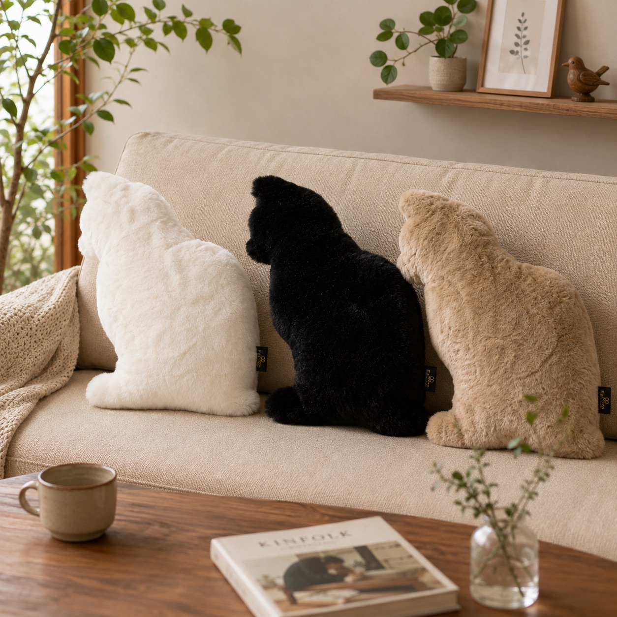White, black and beige fluffy cat-shaped cushions